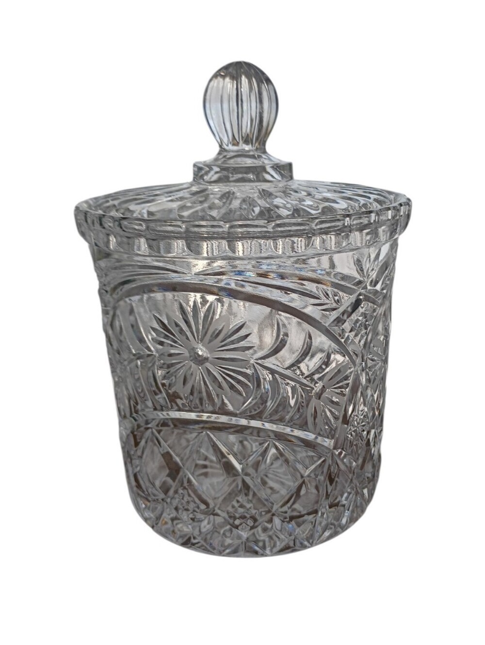 Vintage Pinwheel and Starbursts Cut Crystal Biscuit Jar/Canister With Lid 9"